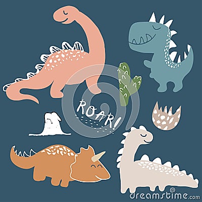 Childish dinosaur vector set for fashion clothes, fabric, t shirts. hand drawn vector with lettering Vector Illustration