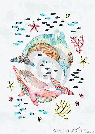 Childish dolphins underwater with fish, starfish, corals, shells in cartoon style Cartoon Illustration