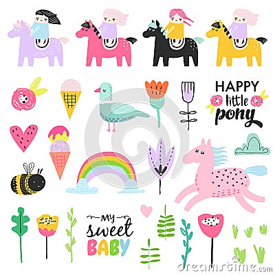 Childish Doodle with Cute Girls, Ponies and Birds. Girlish Hand Drawn Elements Set for Birthday, Decoration, Pattern Vector Illustration