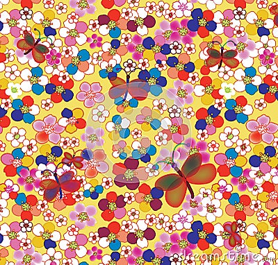 Childish drawind background with rainbow abstract flowers and butterfies Stock Photo