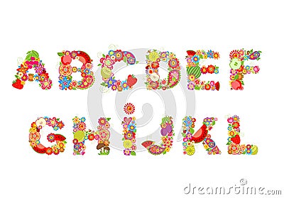 Childish funny vector flowers font with fruits. Summery alphabet, part 1 Vector Illustration