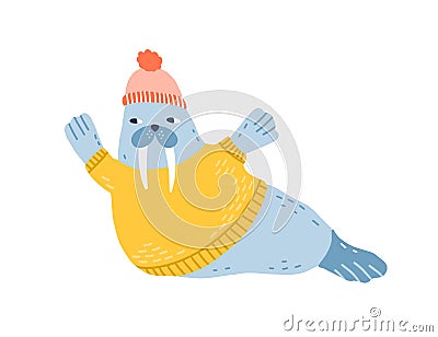 Childish funny walrus portrait in yellow knitted sweater and warm hat. Cute scandinavian marine animal cub wearing Vector Illustration