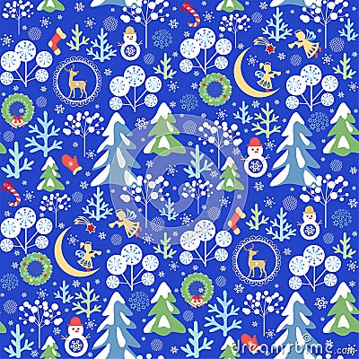 Childish funny Xmas blue wallpaper with seamless paper cutting pattern with snowy firs and trees, little angels and snowman, cresc Vector Illustration