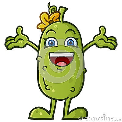 Childish girl pickle cartoon character arms out and ready to hug and saying ta da Vector Illustration