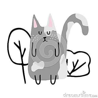 Childish hand-drawn illustration of a gray cat. Vector Illustration