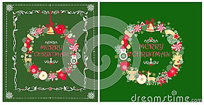 Childish handmade red green greetings variation with Christmas paper cutting wreath with funny toys and candy Vector Illustration