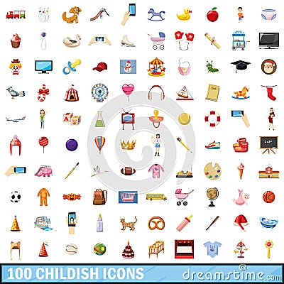 100 childish icons set, cartoon style Vector Illustration