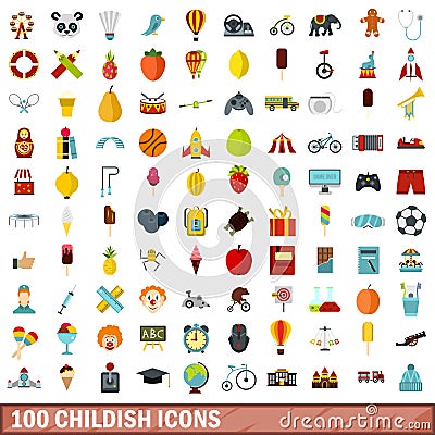 100 childish icons set, flat style Vector Illustration