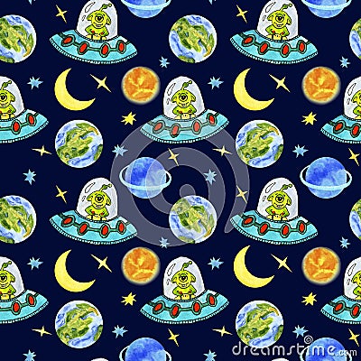 Childish illustration seamless pattern space, planets, rockets and alien in watercolor. Cartoon Illustration