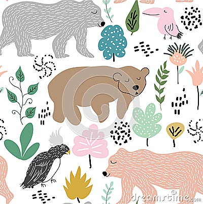 Childish jungle texture with bears , bird and jungle elements. seamless pattern vector illustration Cartoon Illustration