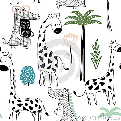 Childish jungle texture with giraffe,crocodile and tropical elements. seamless pattern. vector illustration Vector Illustration