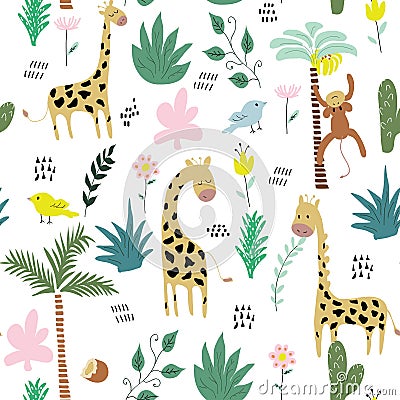 Childish jungle texture with giraffe, monkey, bird and tropical elements. seamless pattern vector illustration Vector Illustration