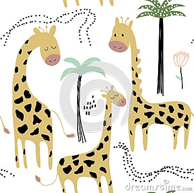 Childish jungle texture with giraffe and tropical elements. seamless pattern. vector illustration Cartoon Illustration