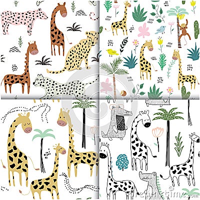 Childish jungle texture with giraffe and tropical elements. seamless pattern. vector Vector Illustration