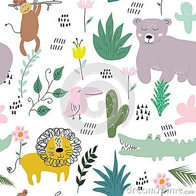 Childish jungle texture with lion,bear, , monkey, crocodile, bird and jungle elements. seamless pattern Cartoon Illustration