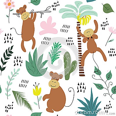 Childish jungle texture with monkeys and jungle elements. seamless pattern vector illustration Cartoon Illustration