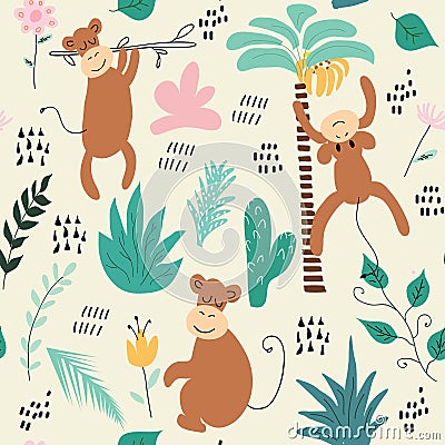 Childish jungle texture with monkeys and jungle elements. seamless pattern vector illustration Cartoon Illustration