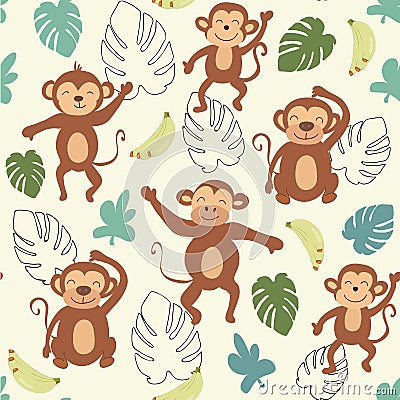 Childish jungle texture with monkeys and jungle elements. seamless pattern vector illustration Vector Illustration