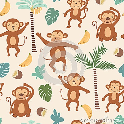 Childish jungle texture with monkeys and jungle elements. seamless pattern vector illustration Vector Illustration