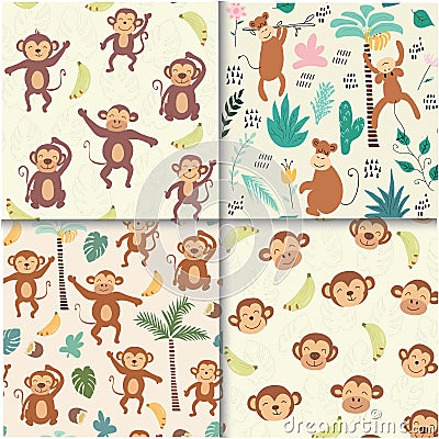 Childish jungle texture with monkeys and jungle elements. seamless pattern vector set Vector Illustration