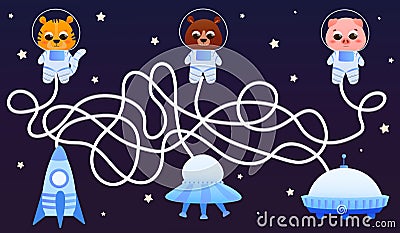 Childish maze game, help find way animals to their spaceships, galaxy exporing theme in cartoon style, Vector Illustration