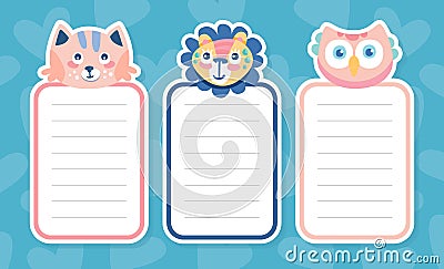 Childish notebook page with cute animals set. Daily planner, card, hotes, organizer vector illustration Vector Illustration