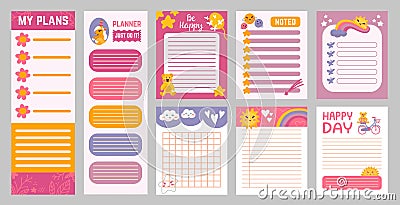 Childish planners. To do lists cute design, scandinavian style notes paper template. Notebook empty pages with cartoon Vector Illustration