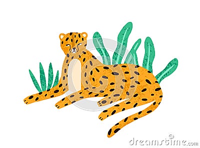 Childish portrait of relaxed leopard in scandinavian simple style. Cute jaguar lying in jungle nature. Funny cheetah Vector Illustration