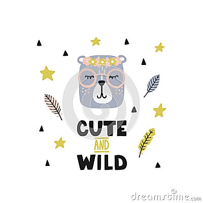 Childish poster with cute bear-girl in glasses and fanny lettering. Vector Illustration