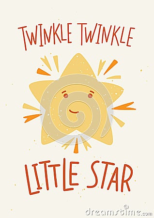 Childish poster template with Twinkle Twinkle Little Star lettering handwritten with elegant calligraphic font and cute Vector Illustration