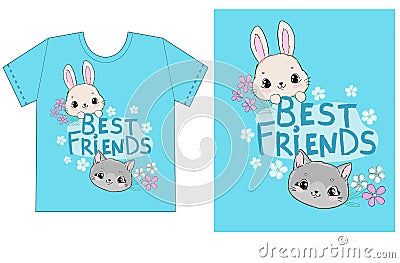 Childish print design for t-shirt cute cat and rabbit with chamomile flowers with handwritten phrase best friends on a blue Stock Photo