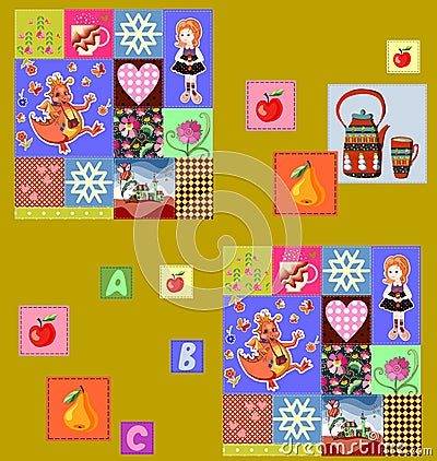 Childish seamless patchwork pattern with fairy motifs. Cute vector illustration of quilt. Vector Illustration