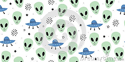 Childish seamless pattern with aliens, ufo, cosmos Vector Illustration