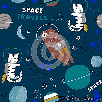 Childish seamless pattern with bear and cat in cosmos. Trendy scandinavian vector background. Perfect for kids apparel,fabric, Stock Photo