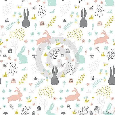 Childish seamless pattern with bunny. Vector Illustration