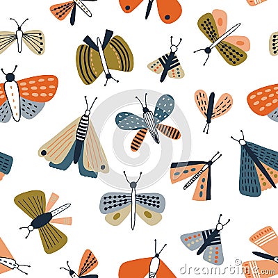 Childish seamless pattern with colorful moths on white background. Backdrop with butterflies, flying nocturnal winged Vector Illustration