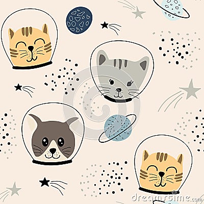 Childish seamless pattern with cute cats astronauts.vector illustration for fabric,textile,wallpaper Cartoon Illustration