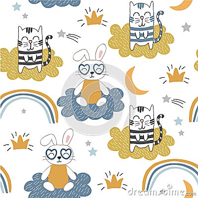 Childish seamless pattern with cute cats and bunny. vector background for kids ,fabric, textile, wrapping paper Vector Illustration