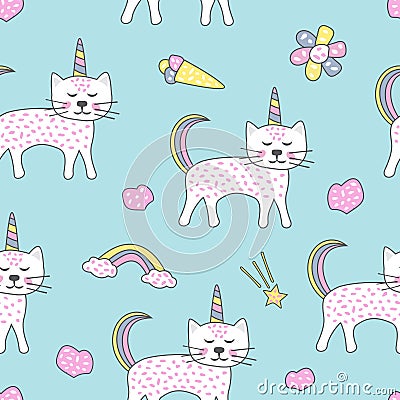 Childish seamless pattern with cute cats unicorn. Creative texture for fabric Vector Illustration
