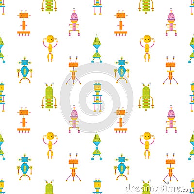 Childish seamless pattern with cute smiling robots on white background. Backdrop with toy cyborgs, electronic monsters Vector Illustration