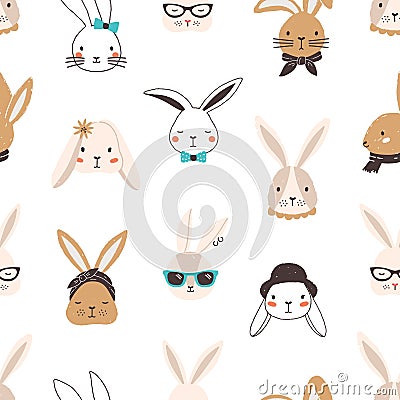 Childish seamless pattern with funny bunny faces on white background. Backdrop with cute rabbits or hares wearing Vector Illustration