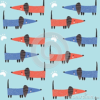 Childish seamless pattern with funny creative dogs. Creative childish texture in scandinavian style. Great for fabric Vector Illustration