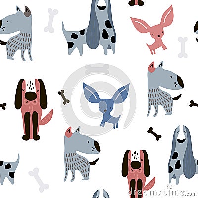 Childish seamless pattern with funny creative dogs. Trendy scandinavian vector background. Perfect for kids apparel,fabric, Stock Photo