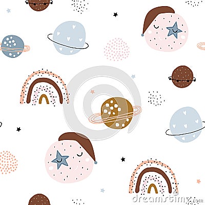 Childish seamless pattern with hand drawn space elements, rainbow, star, planet, galaxy. Trendy kids vector background Stock Photo