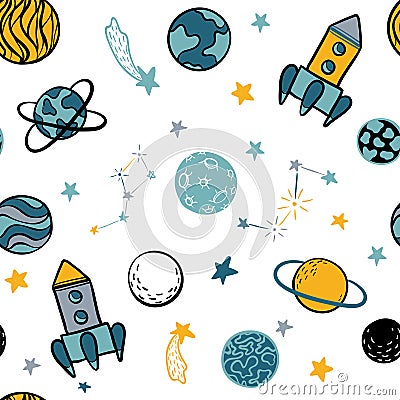 Childish seamless pattern hand drawn space elements space, rocket, star, planet, space probe. Trendy kids vector illustration for Vector Illustration