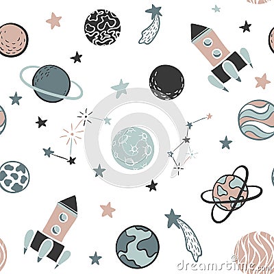 Childish seamless pattern hand drawn space elements space, rocket, star, planet, space probe. Trendy kids vector illustration for Vector Illustration