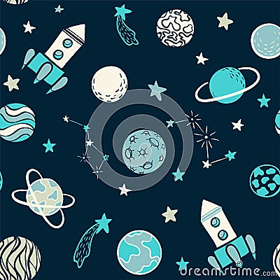 Childish seamless pattern. hand drawn space elements space, rocket, star, planet, space probe. Trendy kids vector illustration for Vector Illustration