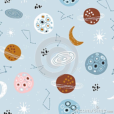 Childish seamless pattern with hand drawn space elements,star, planet, galaxy. Trendy kids vector background Stock Photo