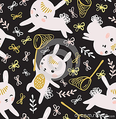 Childish seamless pattern with rabbits, butterflies and lawn. Vector Illustration