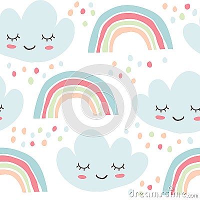 Childish seamless pattern rainbows, smiling clouds Vector Illustration